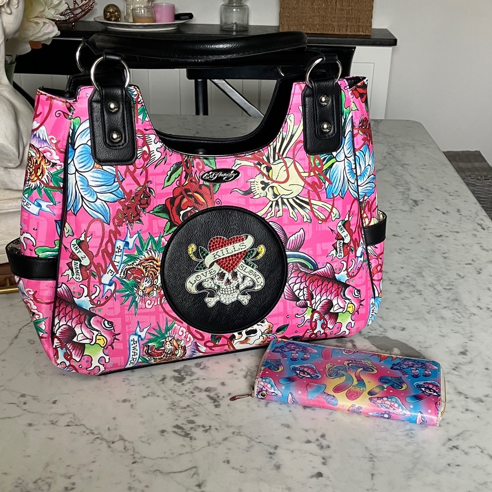 Ed Hardy Pink Floral Tattoo-Print Shoulder Bag with Black Trim